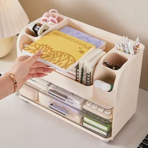 Elegante crème bureau organizer met laden voor cosmetica en diverse kantoorartikelen
