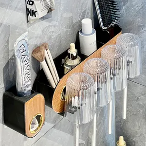 Wall-mounted cream style toothbrush holder and storage rack with 4 rinsing cups