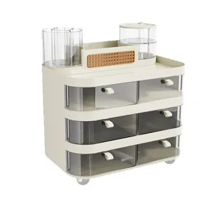 Organisateur de bureau crème élégant avec tiroirs et compartiments pour cosmétiques et bijoux