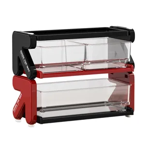 Two-tier red and black desktop tea bag storage rack with clear acrylic drawers for capsules