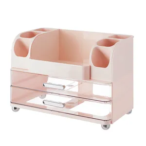 Roze cosmetica organizer met twee heldere laden en meerdere compartimenten