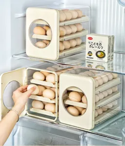 Caja de almacenamiento de huevos de tres capas para nevera con puerta abatible transparente