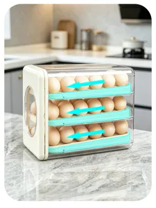 Detalle de la caja de almacenamiento de huevos de 3 niveles con mecanismo de rodadura