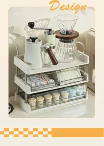Multi-tier desktop organizer with transparent drawers for coffee and tea storage.