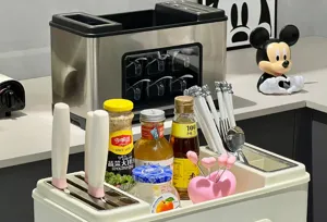 Macro view of a cream multifunctional kitchen organizer with knife holder and spice bottles