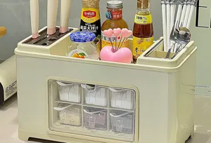 Detailed macro view showing the six integrated seasoning boxes of the kitchen storage rack