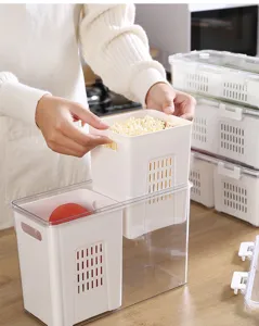 Multifunctional refrigerator food storage box with drain basket for fresh vegetables