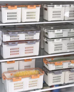 Stackable clear plastic refrigerator organizer bins with drainage and orange latches