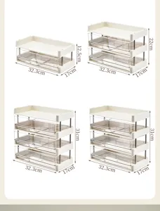 Detailed dimensions for multi-tier desktop storage racks with transparent pull-out drawers