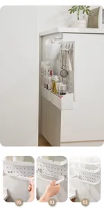 Detailed view of white kitchen pegboard showing the adjustable towel bar installation