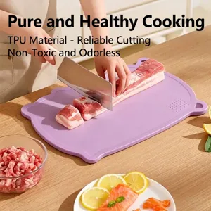Durable purple cat-shaped TPU cutting board for healthy and hygienic kitchen food prep