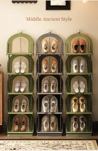 Mid-century modern five-tier plastic shoe rack featuring arched design and rattan texture