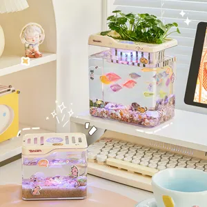 Mini Desktop quadratisches Acryl-Aquarium mit integriertem Pflanzenhalter und LED-Licht