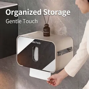 Wall-mounted bathroom tissue box with top storage and modern marble pattern design