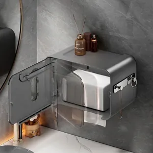 Wall-mounted bathroom tissue box holder with shelf and hooks in dark grey