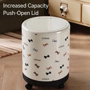 Large Capacity Household Trash Can With Universal Wheels Portable Storage Bucket Printed Bowknot Grid Waste Bin With Lid