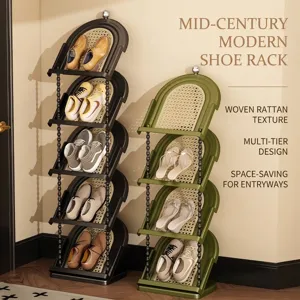 Rattan Pattern Plastic Shoe Rack Multi Tier Vertical Space Saving Shoe Organizer For Entryway Living Room Stackable Shelf