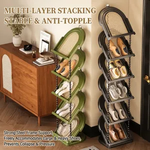 Vertical space-saving multilayer shoe rack organizer with rattan texture design and metal supports