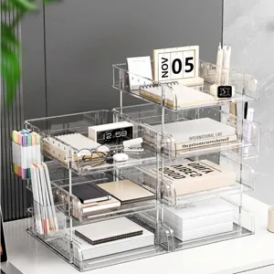 Modern Transparent Acrylic Desktop Storage Rack Multi-layer File Holder Office Stationery Organizer Document Tray With Pen Holder