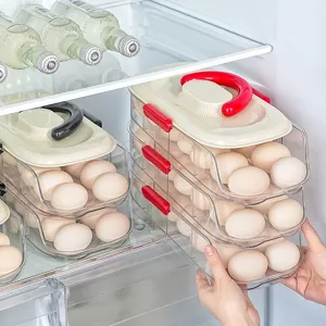 Organizador grande de huevos transparente de 3 niveles para nevera con mango rojo práctico