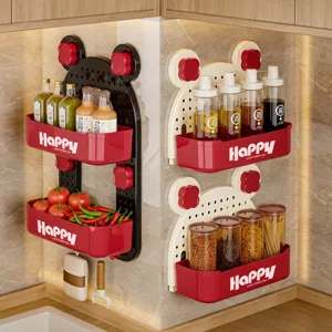 Dopamine Color Wall Mounted Kitchen Spice Rack Multi-functional No Drill Plastic Seasoning Storage Shelf Cartoon Bear Shape Organizer