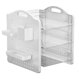 Multipurpose white pegboard desktop organizer with transparent shelves for office storage