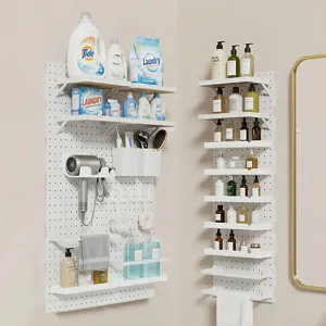 Modular white wall-mounted pegboard storage rack system for bathroom laundry organization