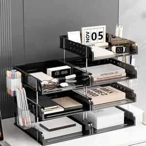 Professional multi-tier transparent black desk organizer for office files and documents