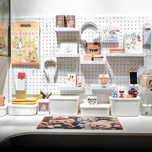 Minimalist white punch-free pegboard desk organizer with shelves and storage boxes