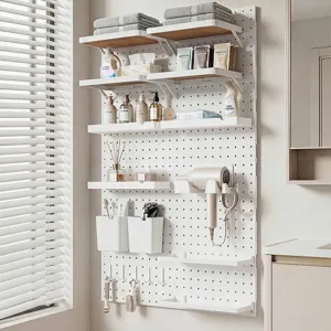 Modular wall-mounted bathroom pegboard organizer with multiple shelves and hooks