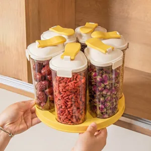 Rotating airtight grain container set with tray for kitchen spice and cereal storage