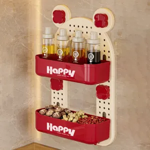 Cute bear-shaped wall-mounted kitchen spice rack organizer in red and cream