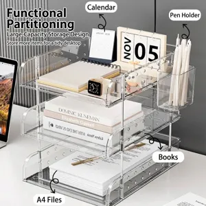 Multi-layer transparent acrylic desk organizer for office documents and stationery