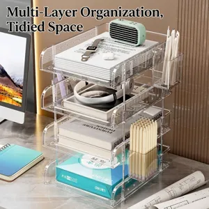 Multi-layer transparent acrylic desk organizer for office files and stationery storage.