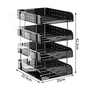 4-tier black desktop file organizer with side hanging bins, measuring 41.2x32.5x25cm