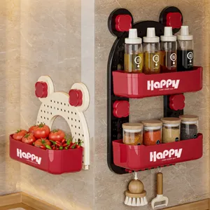 Wall-mounted multi-layer spice rack kitchen organizer with vibrant dopamine red design