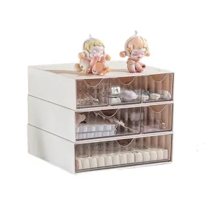 Three-tier cream desktop storage box with 6 drawers for stationery and cosmetics
