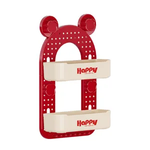 Red bear-shaped wall-mounted kitchen spice rack organizer with two cream storage bins