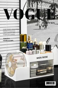 Detaillierte Nahaufnahme einer weißen Kosmetik-Aufbewahrungsbox mit Drehfach und Schubladen