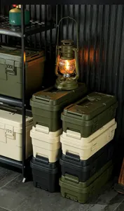 Durable olive green and beige stackable utility storage boxes for camping gear organization.