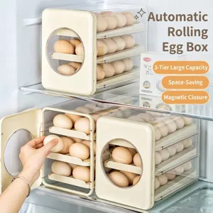 Caja de Almacenamiento de Huevos de Rodamiento Automático de 3 Capas para Refrigerador Soporte de Huevos de Plástico Con Puerta Magnética