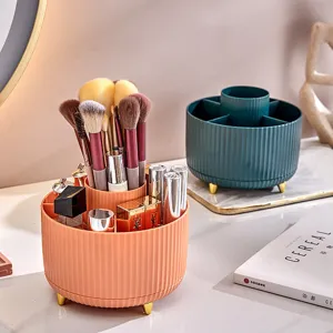 Premium rotating makeup brush organizer with ribbed texture and elegant gold feet for vanity