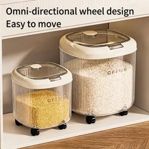 Transparent food-grade PP rice storage bucket with universal wheels for kitchen