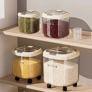 Set of four transparent food-grade PP grain storage containers with cream lids