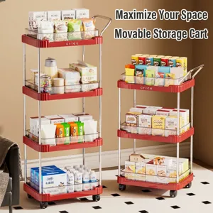 Multi-Layer Kitchen Storage Rack Movable Rolling Trolley With Wheels Handle Plastic Stainless Steel Organizer Cart For Kitchen Bathroom Bedroom Living Room