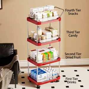 4-tier red rolling storage trolley for organized home and kitchen organization