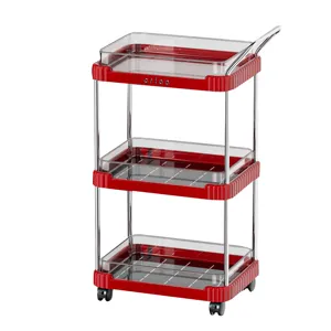 Modern 3-tier red mobile kitchen rolling storage cart with transparent trays and wheels