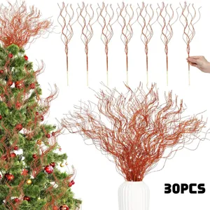 Close-up details of glittery copper curly branches, perfect for Christmas tree decoration.