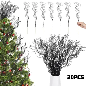 30pcs black curly twigs for Christmas tree decoration, artificial floral stems arrangement.