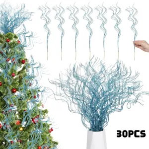 30pcs blue glitter curly willow branches for christmas tree decoration and home decor floral arrangement.
